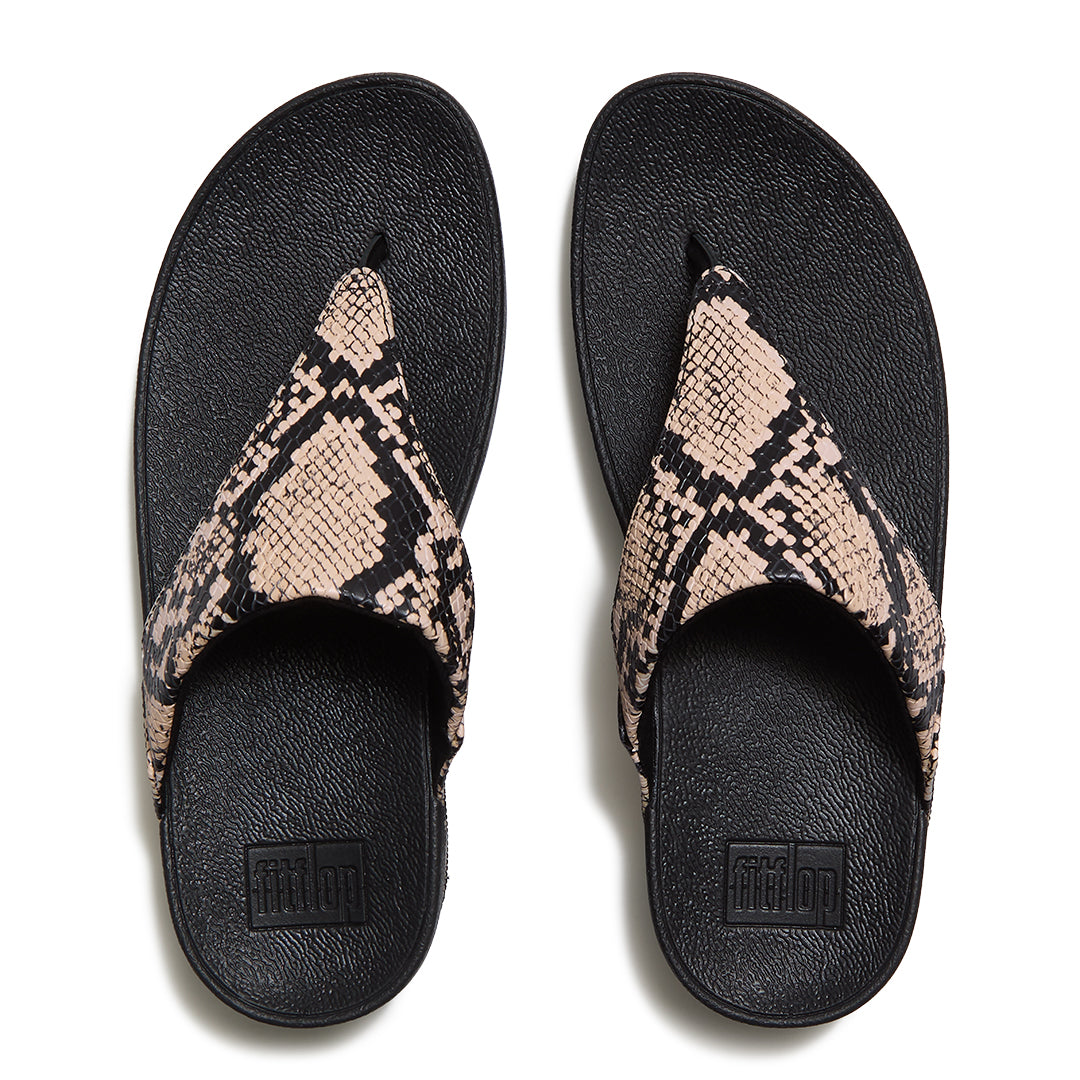 Fitflop Lulu Snake Toe-Post Sandals - Hazy Taupe/Black - overhead view