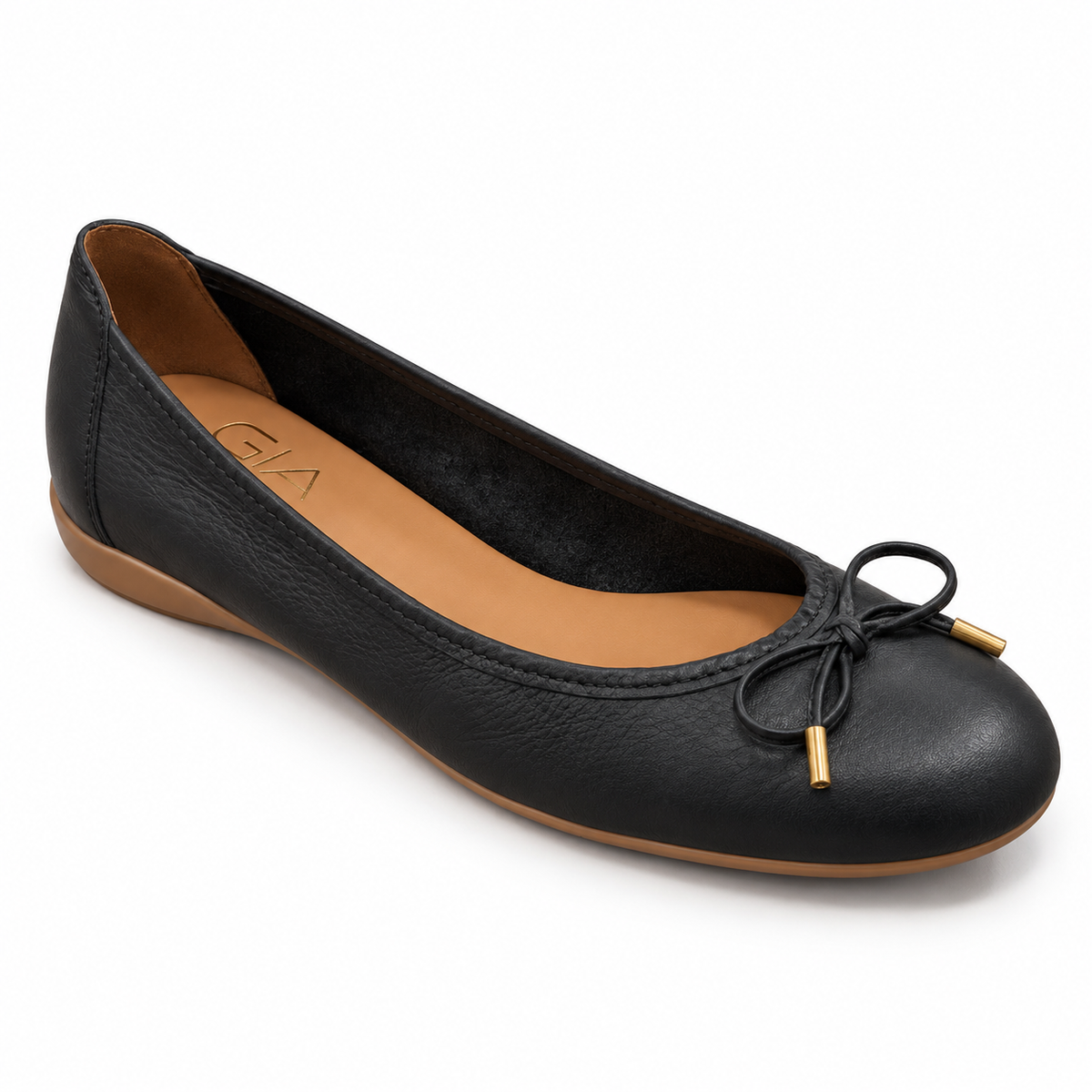 GIA Leather Bow Pump in Black, three-quarter view