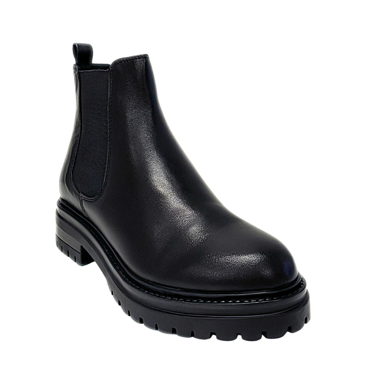 Gia black leather chunky Chelsea boot, three-quarter view