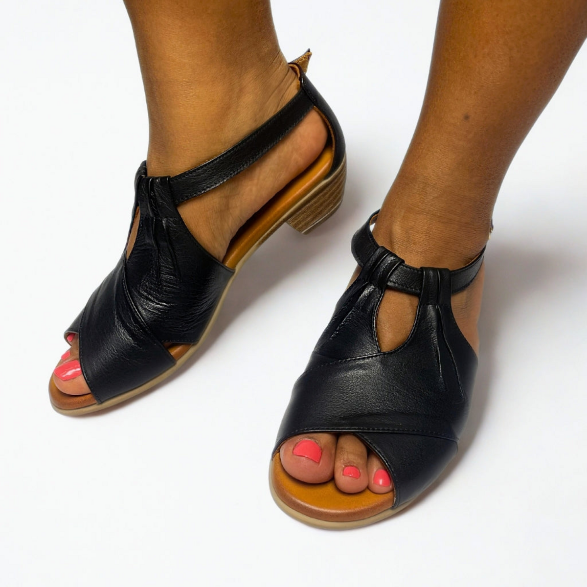 Gia black peep toe sandals, on-model view