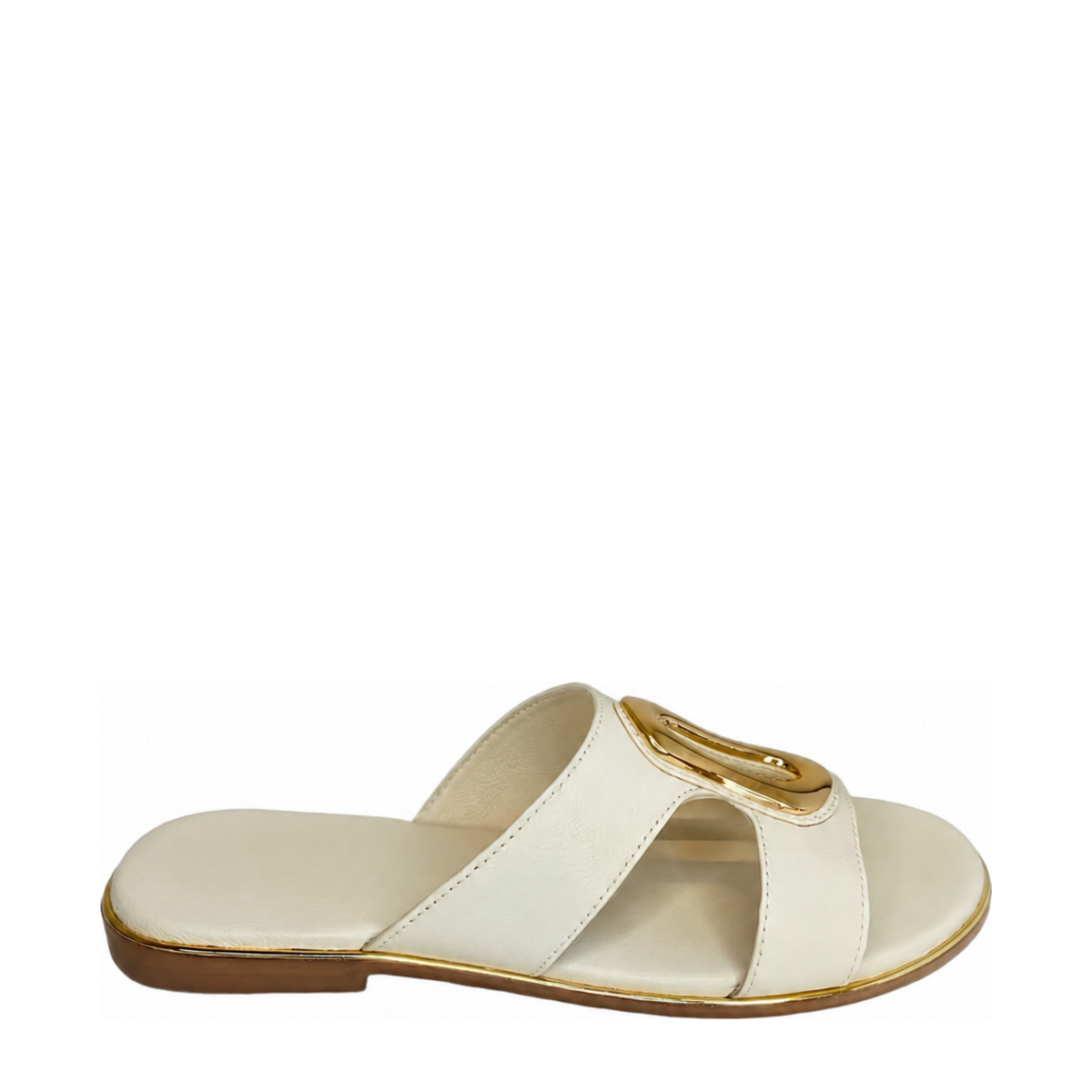 GIA bone leather slide with gold accent, right-facing studio side view