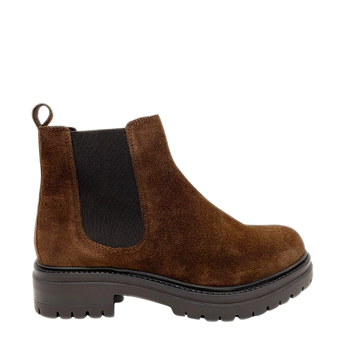 Gia chocolate suede leather chunky Chelsea boot, right-facing side view