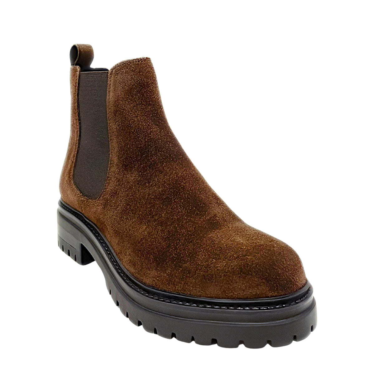 Gia chocolate suede leather chunky Chelsea boot, three-quarter view