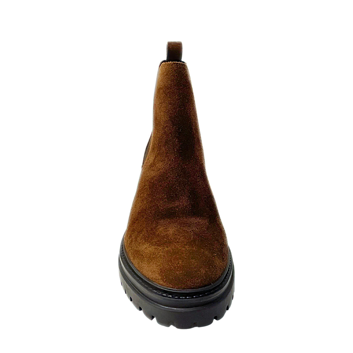 Gia chocolate suede leather chunky Chelsea boot, front view