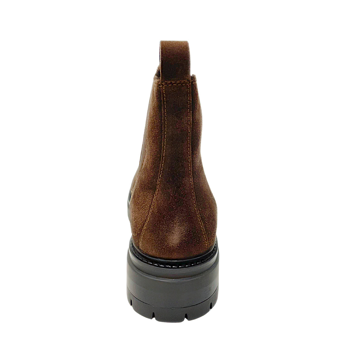 Gia chocolate suede leather chunky Chelsea boot, heel view