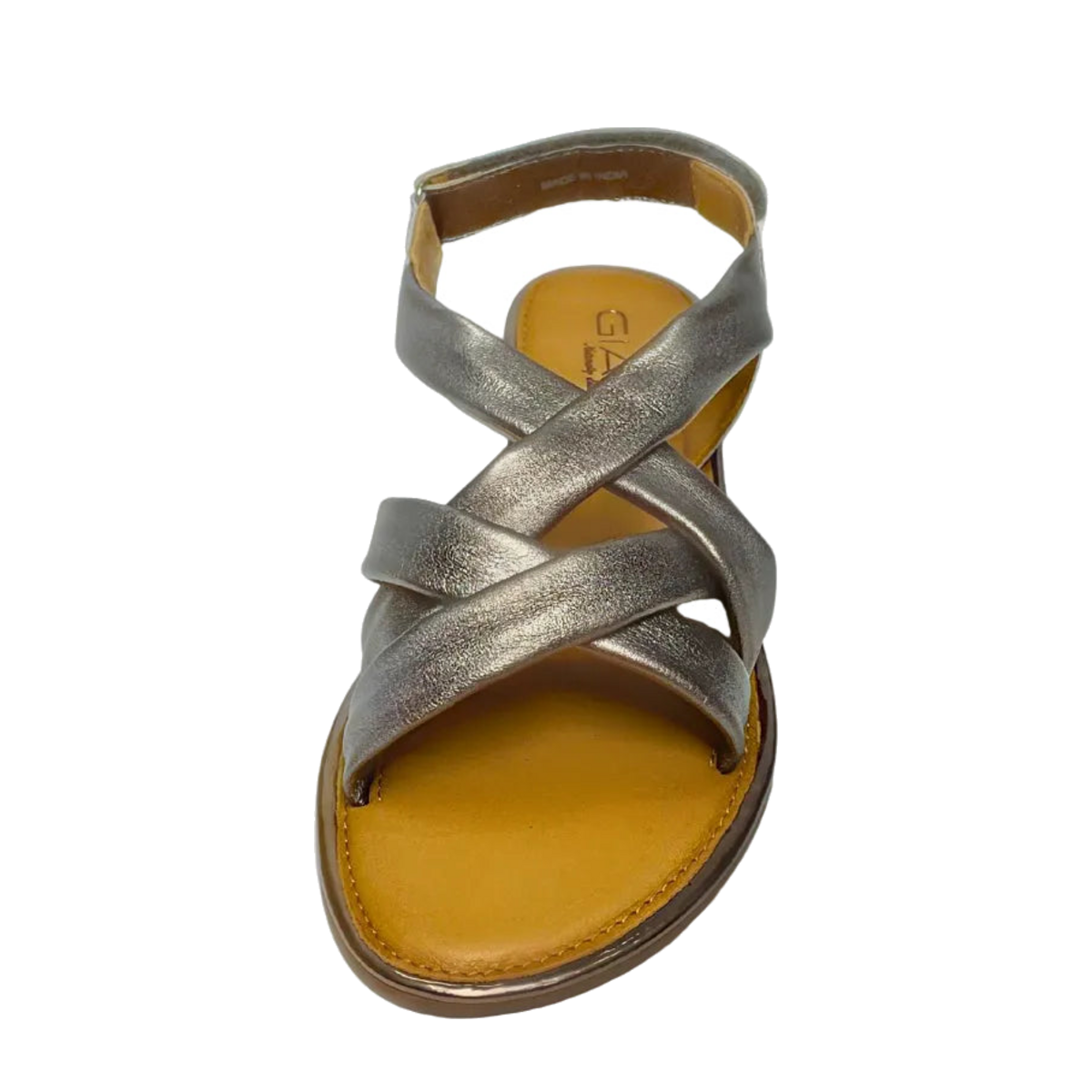 GIA leather criss cross sandal in pewter, front studio view