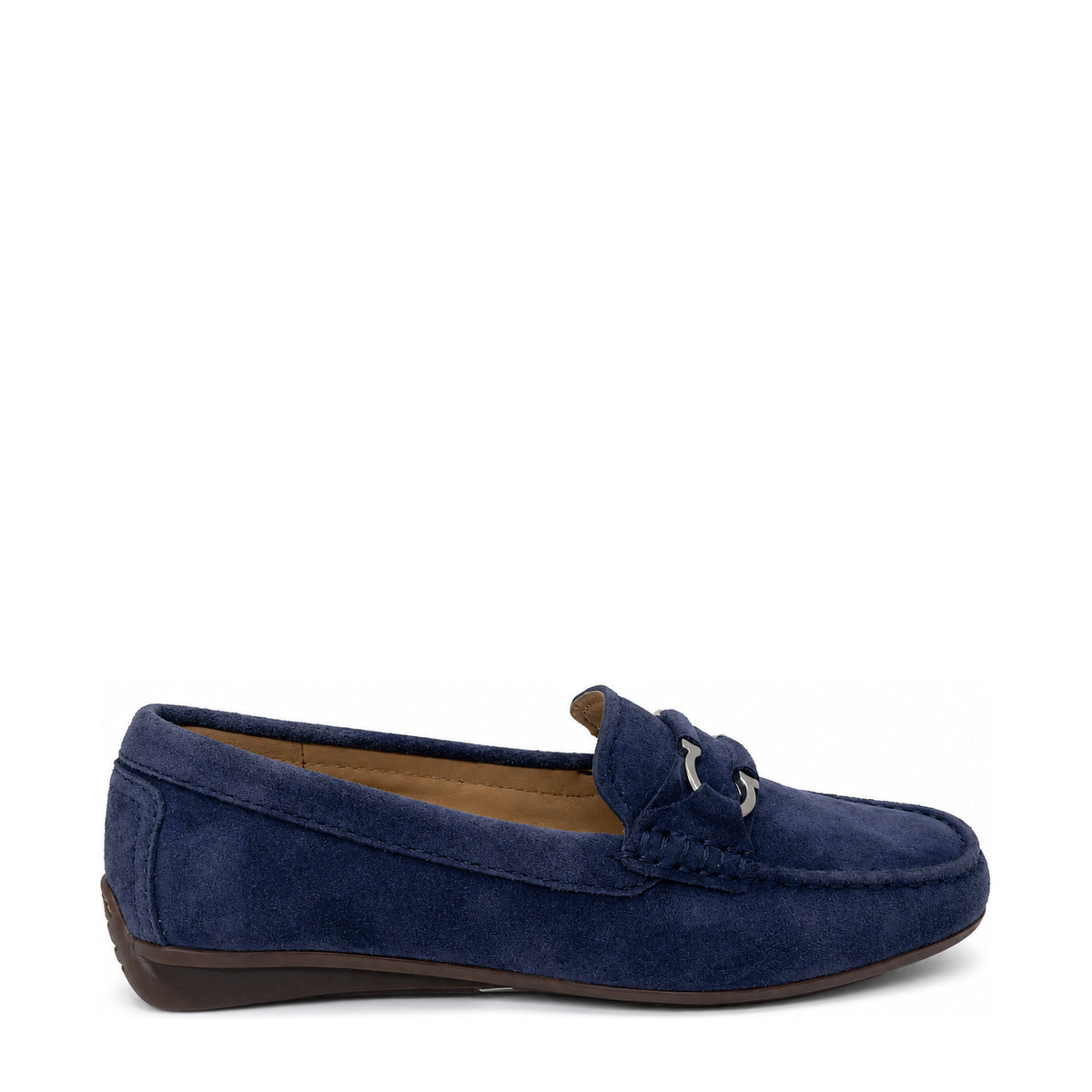 Gia denim leather metal-accent moccasin, right-facing side view