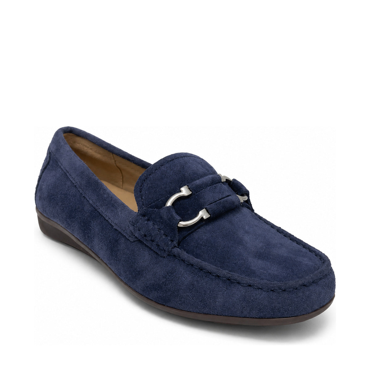 Gia denim leather metal-accent moccasin, three-quarter view