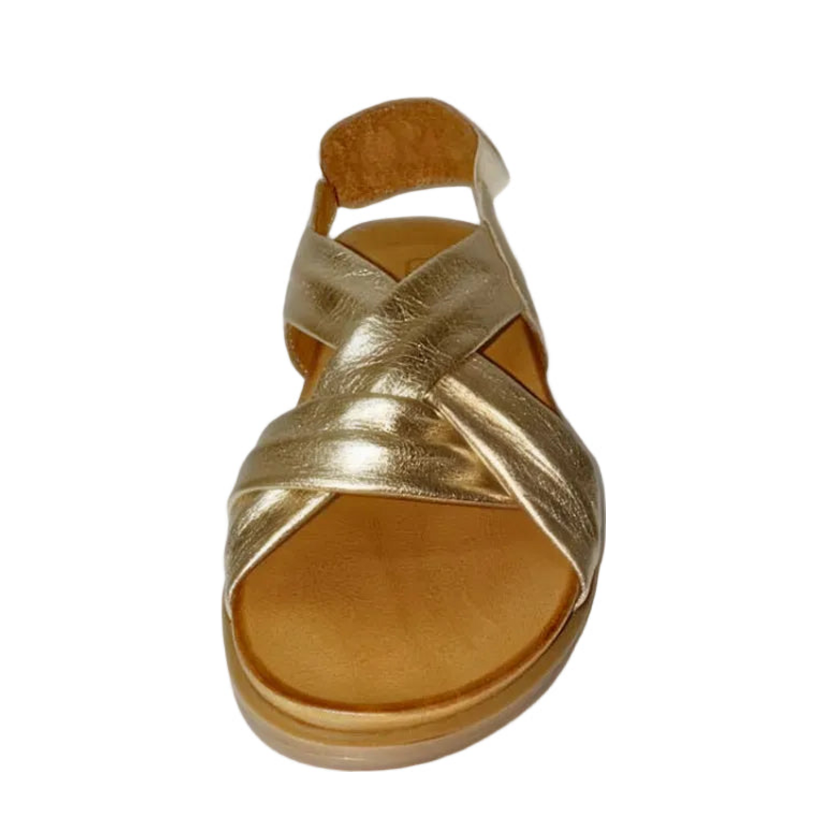 Gia gold leather cross over slingback sandal, front view