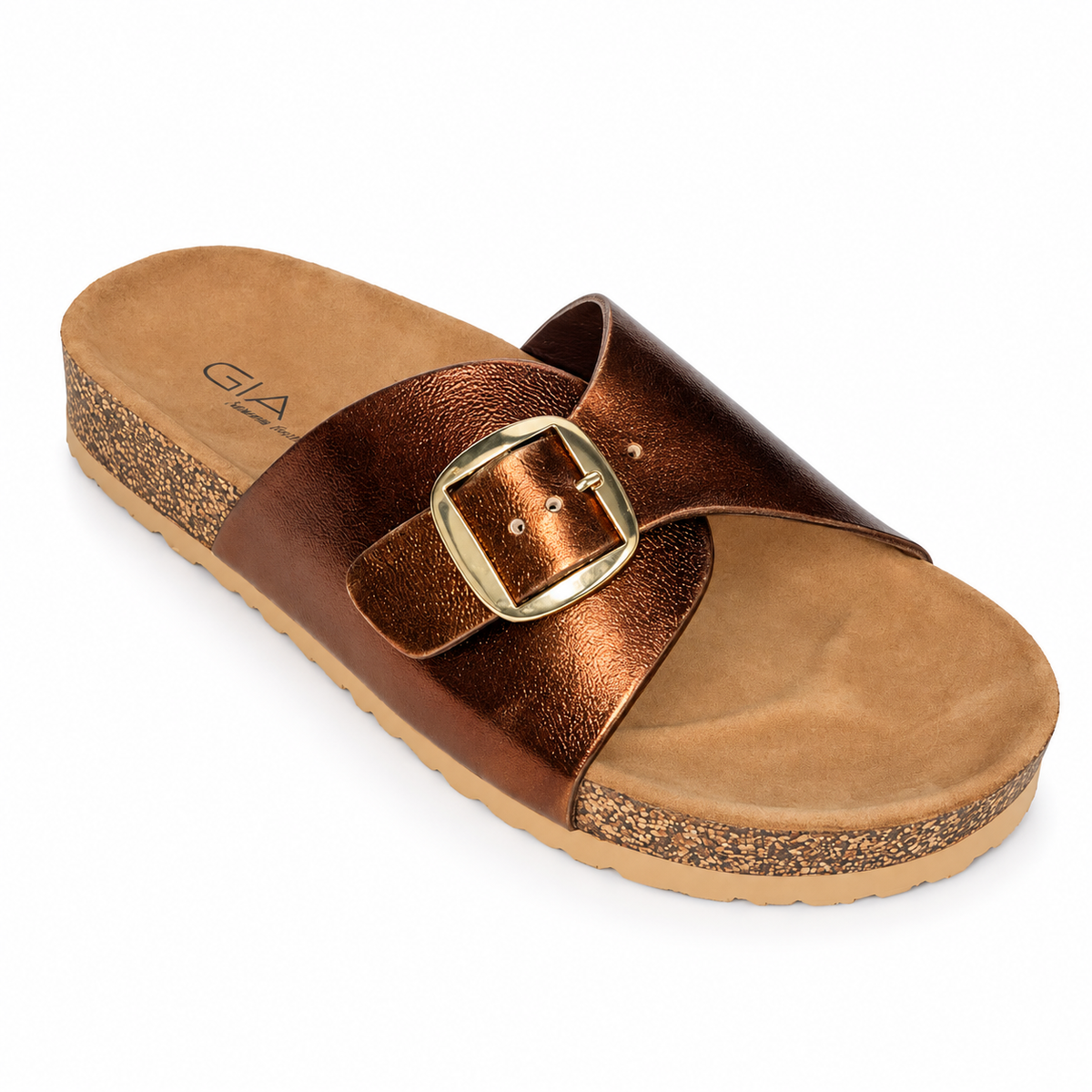 Gia Leather Big Buckle Slide - Bronze, three-quarter view