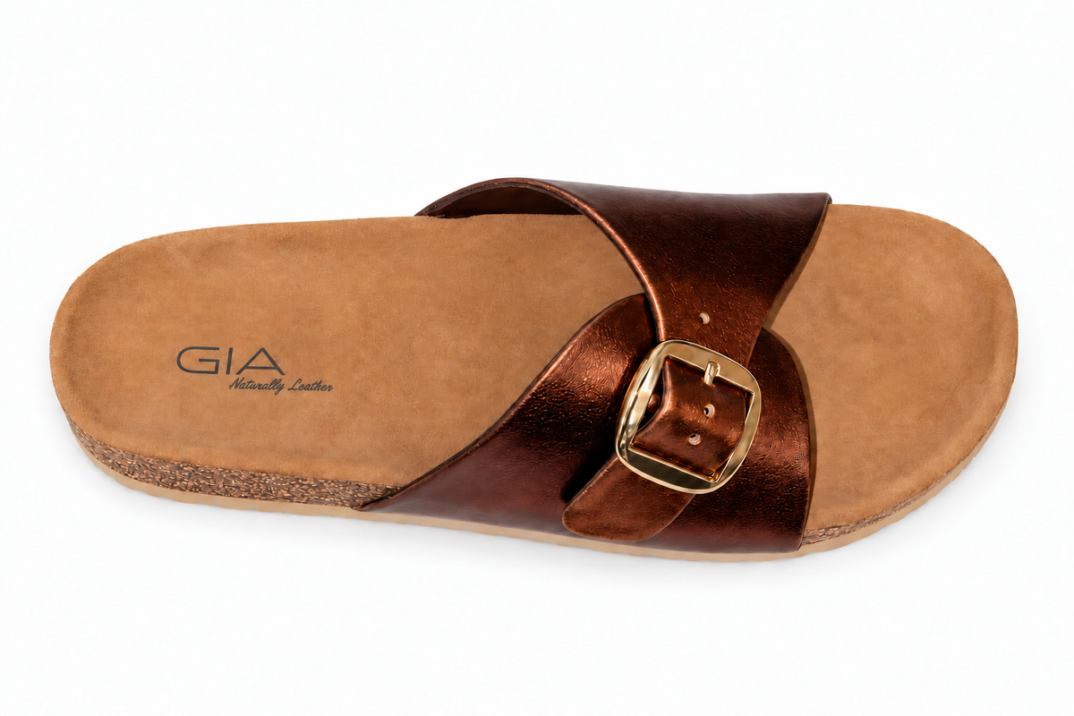 Gia Leather Big Buckle Slide - Bronze, overhead view