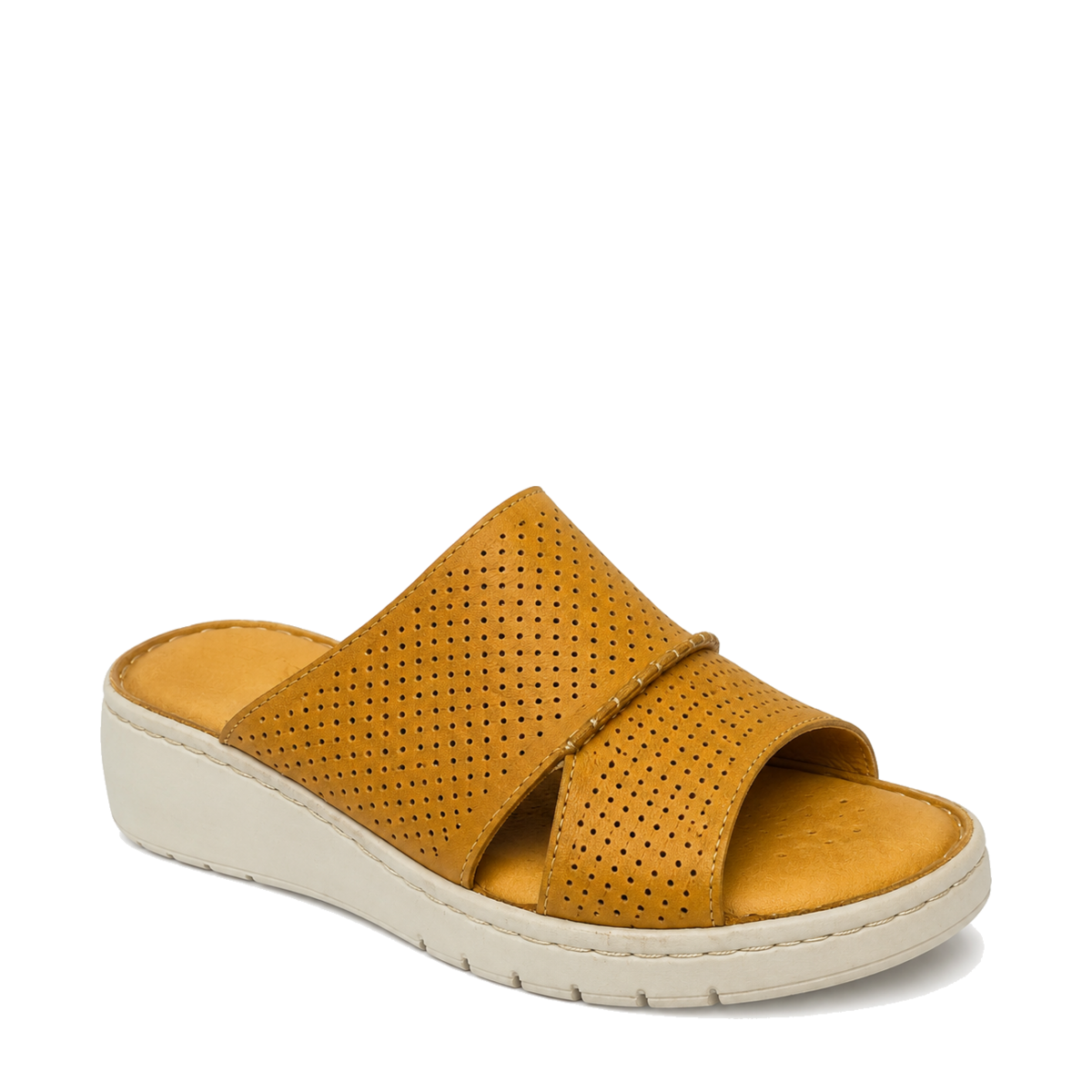 GIA perforated flatform sandal in tan, right-facing studio side view