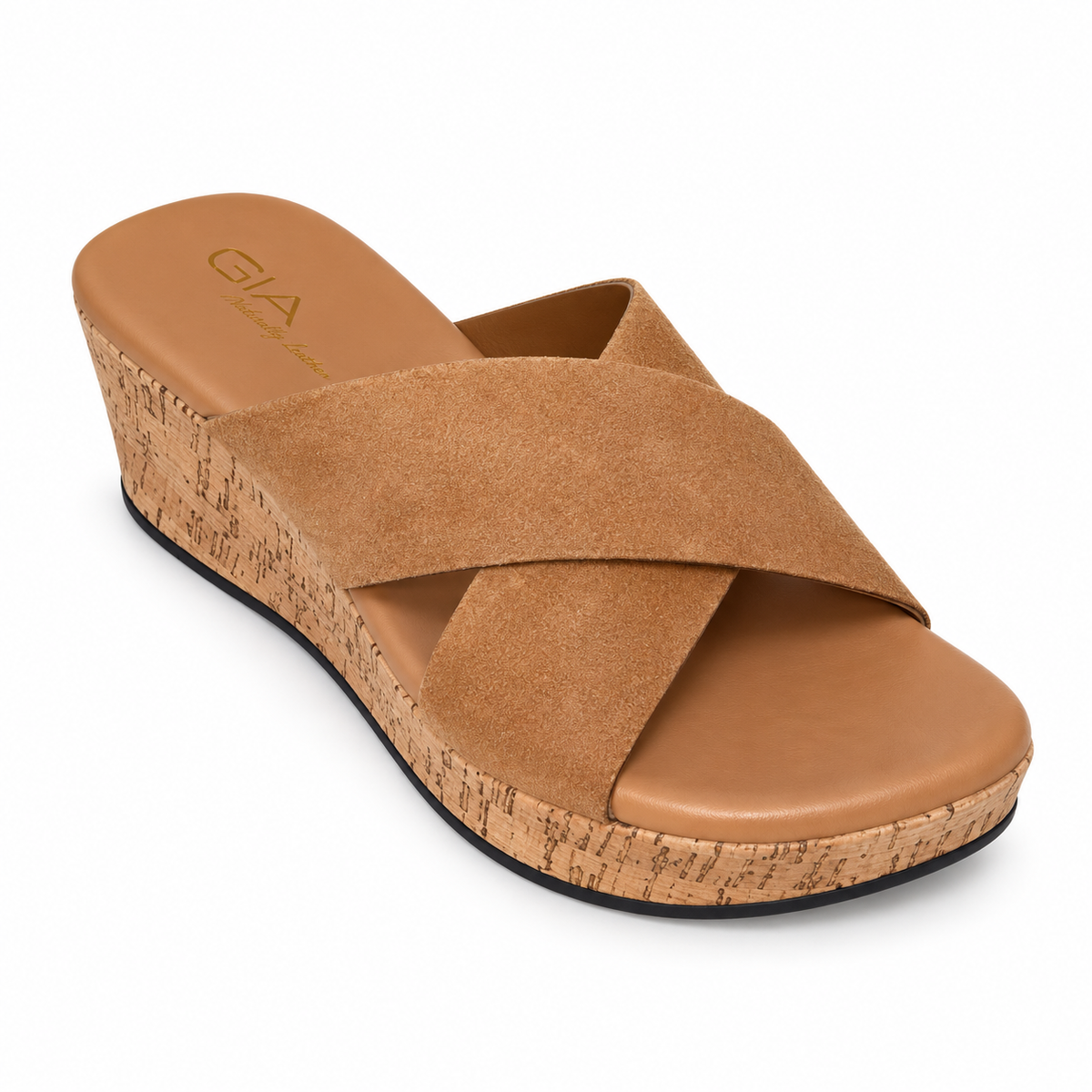 Gia Suede Crossover Wedge Sandal - Beige, three-quarter view