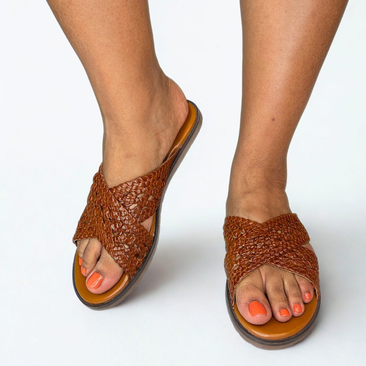 Gia Tan Leather Weave Cross Over Sandal on foot