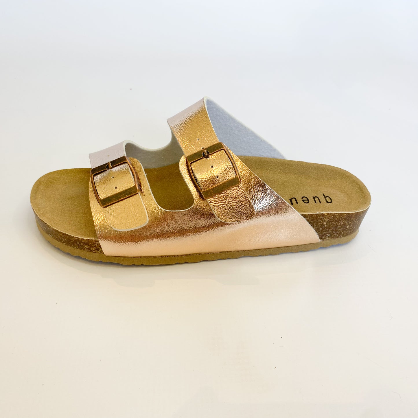 Queue rose gold double buckle slip on sandal