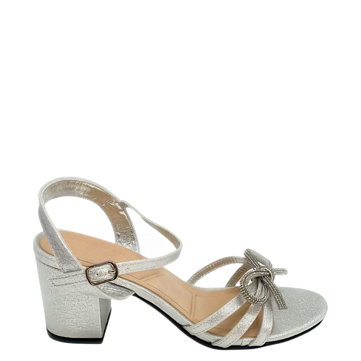 Orbit Bow Block Heel Sandal - Silver, right-facing studio side view