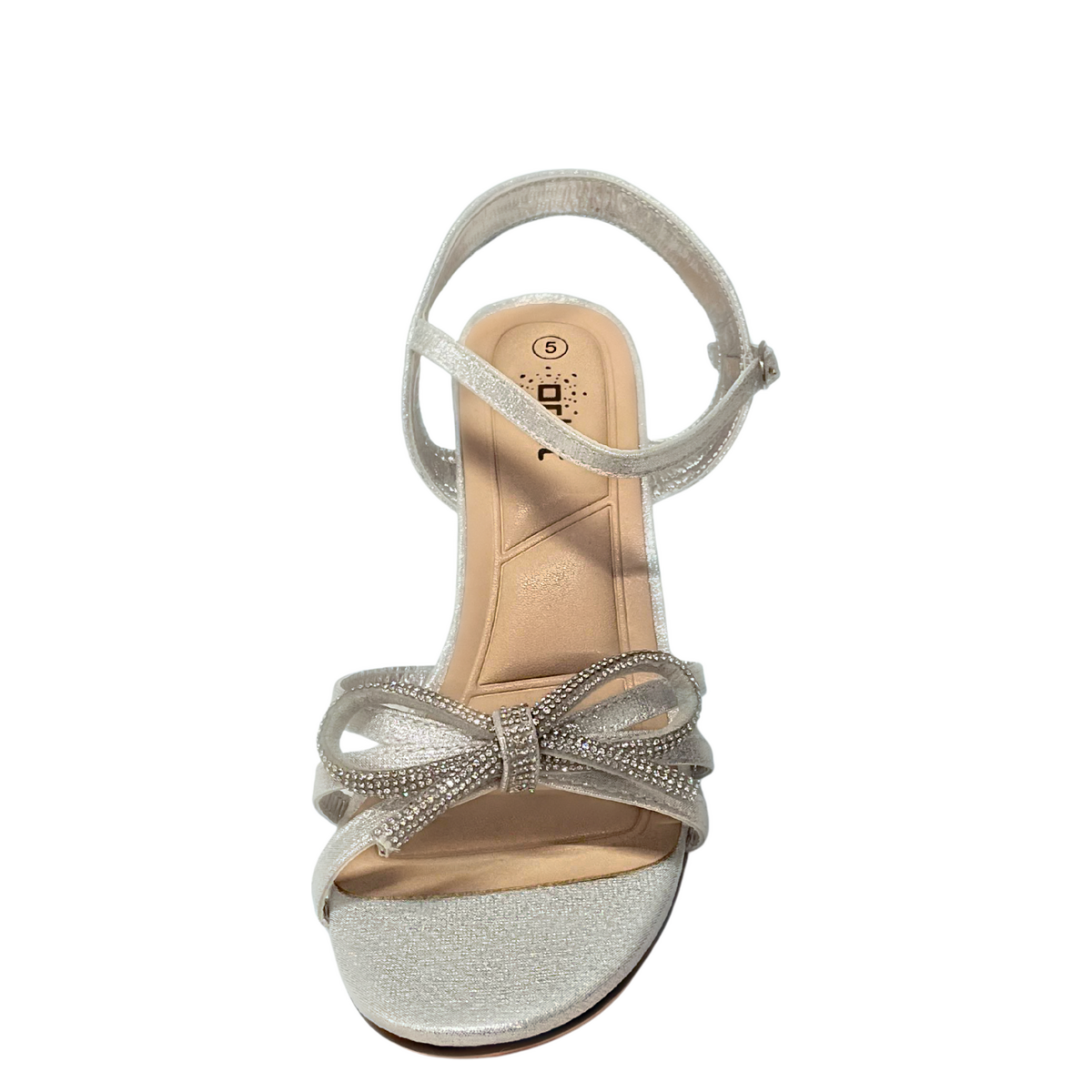 Orbit Bow Block Heel Sandal - Silver, colour-matched front studio view