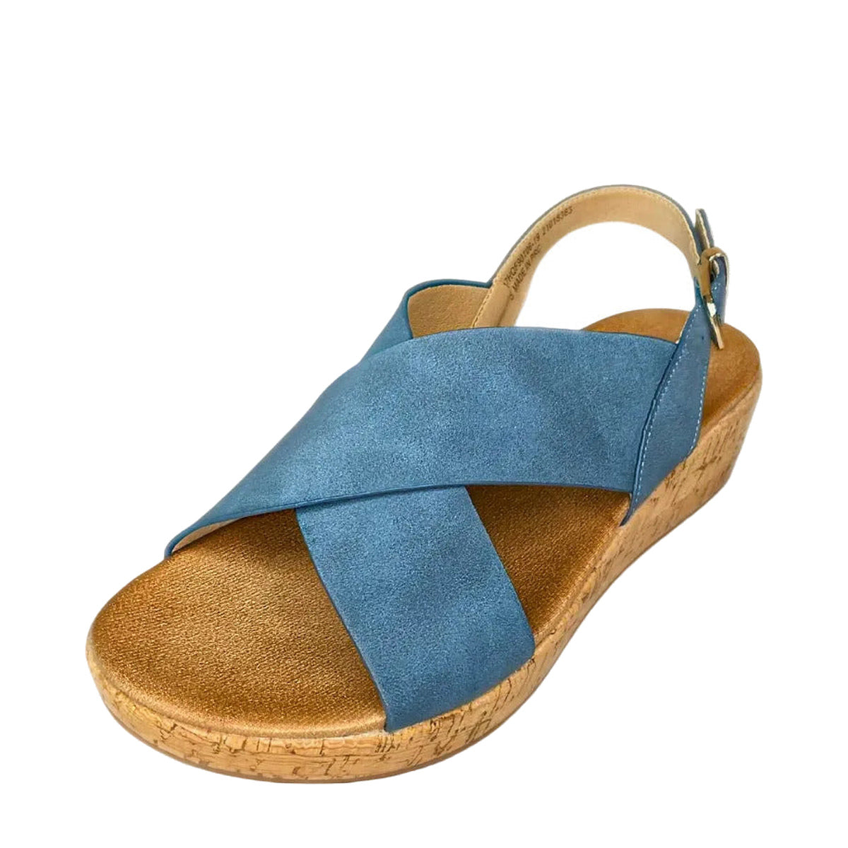 Queue Cross Over Cork Wedge - Blue - right-facing angled view
