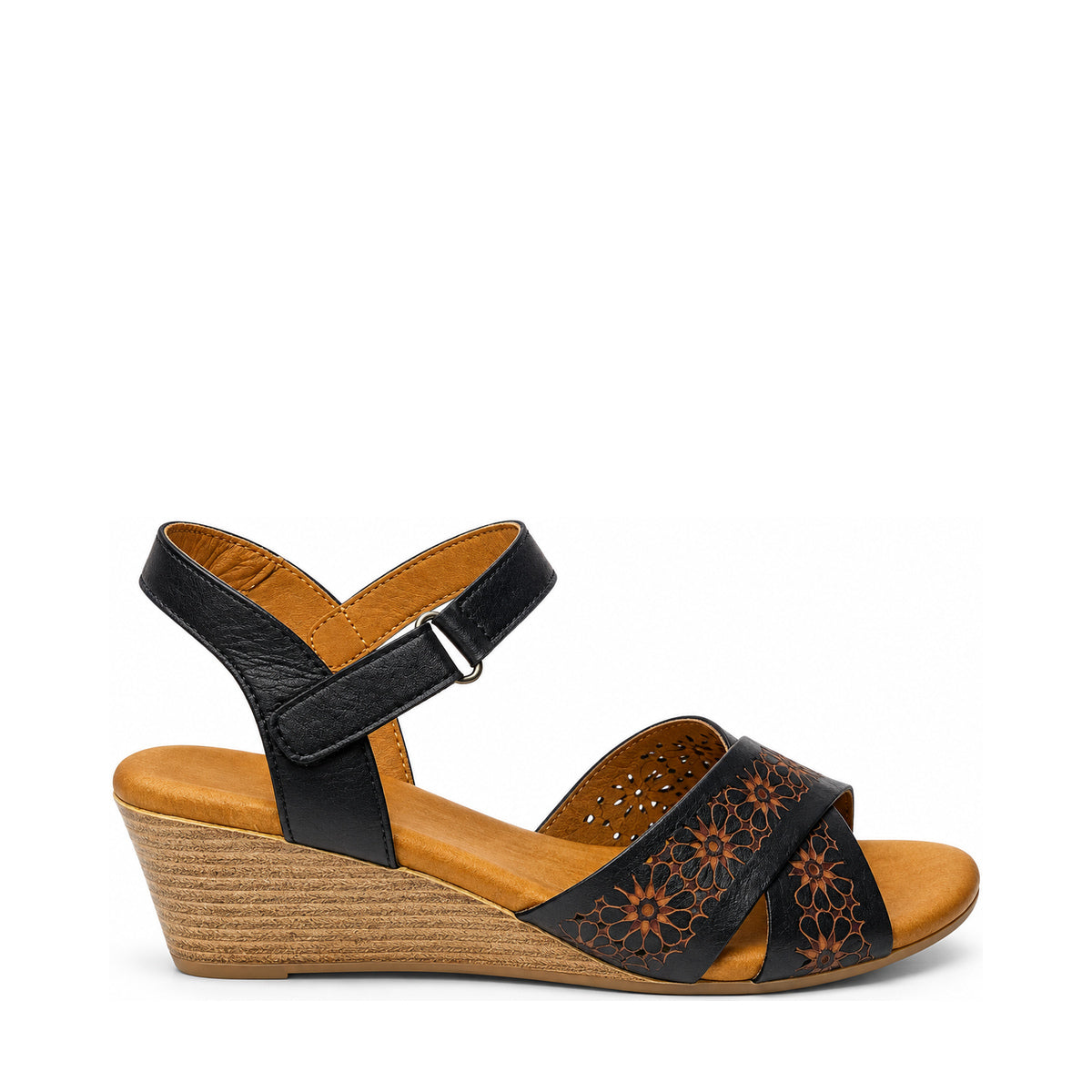 Gia Laser Cut Leather Wedge - Black, right-facing side profile
