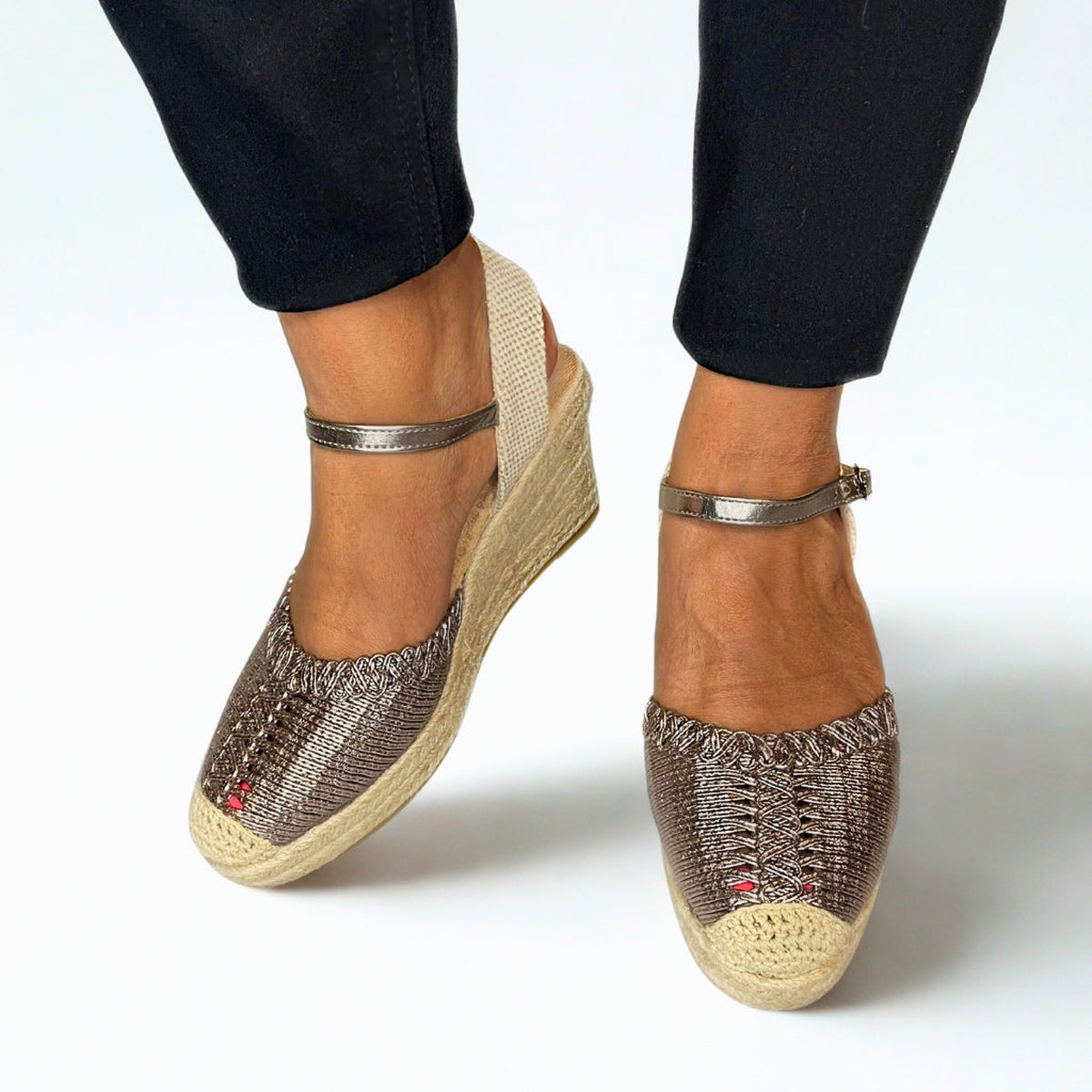 Queue Metallic Espadrille Wedge - Pewter - on-foot view