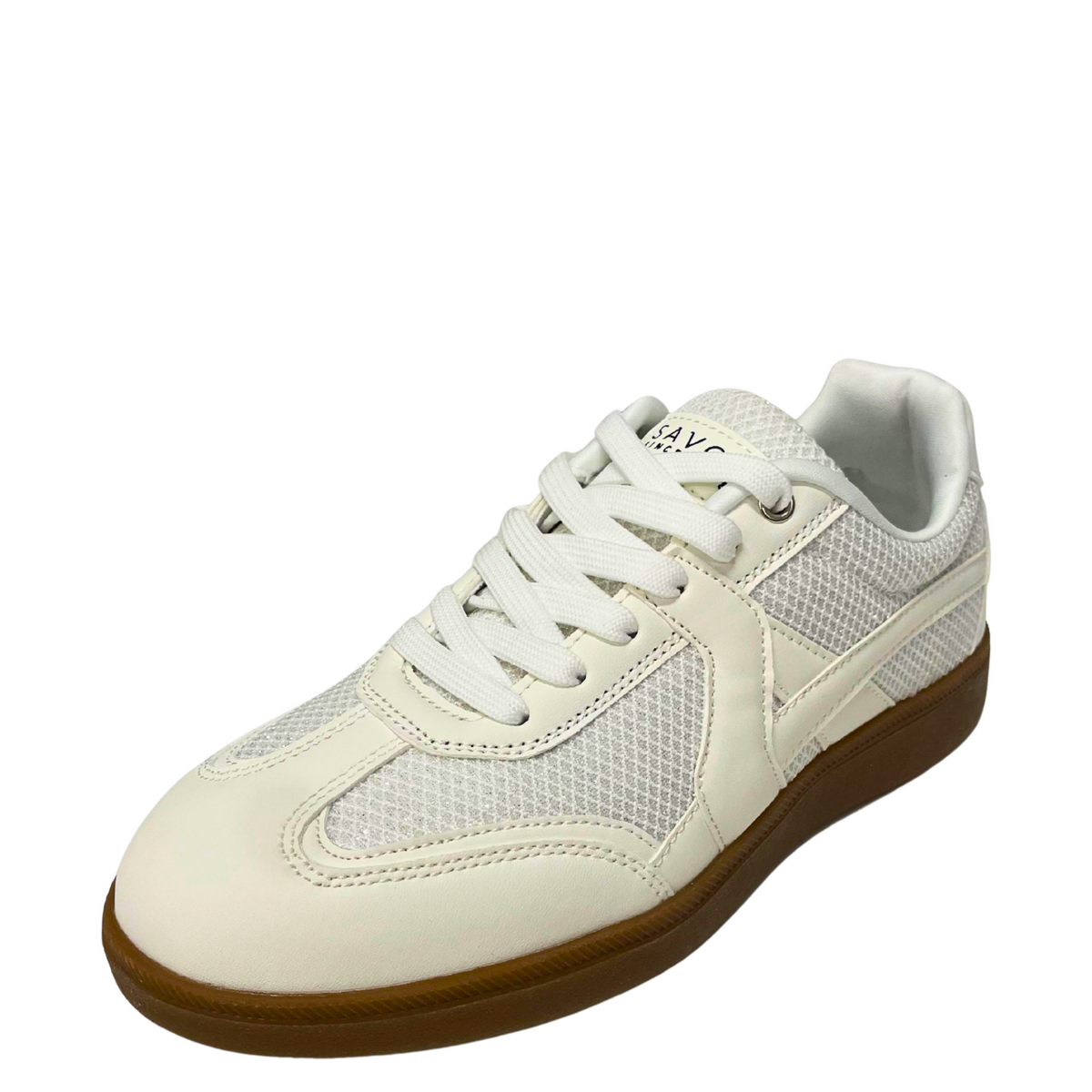 Savoy Retro Lace Up Sneaker - White Metallic, three-quarter view