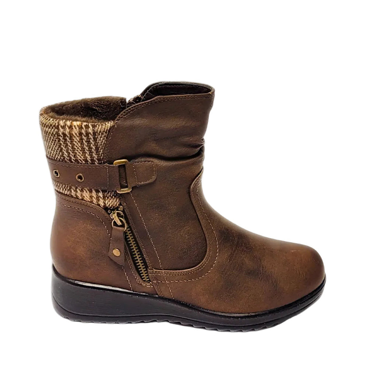 Savoy Tweed Zip Detail Boot - Brown - side view