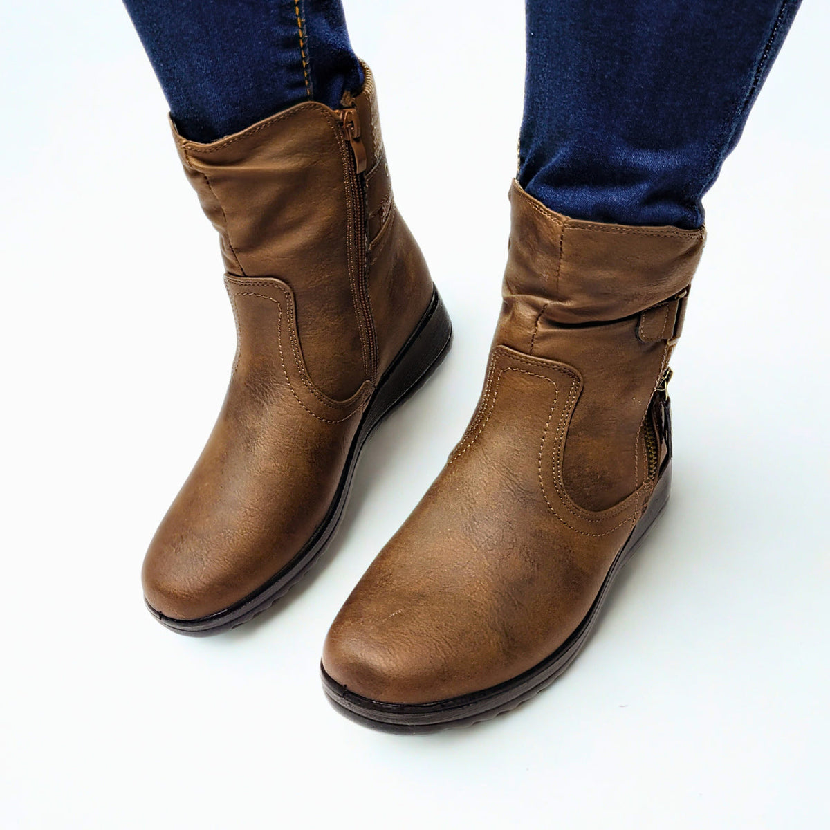 Savoy Tweed Zip Detail Boot - Brown - worn view
