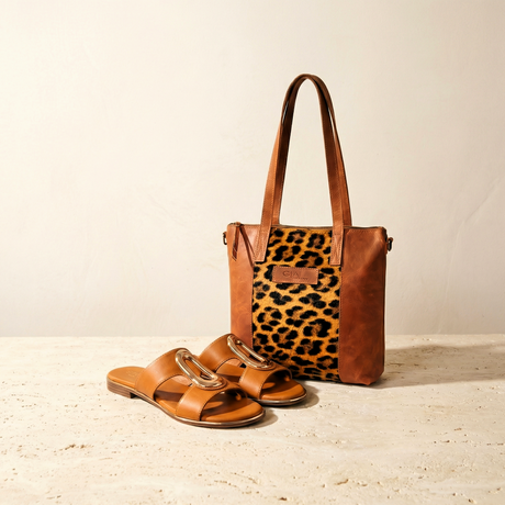 Leather handbag and sandals from Queue Shoes leather collection