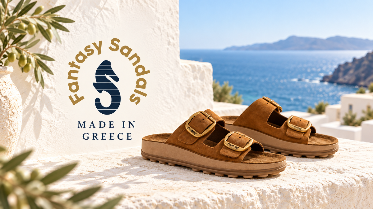 Fantasy Sandals logo and Made in Greece with brown leather sandals beside the Greek sea