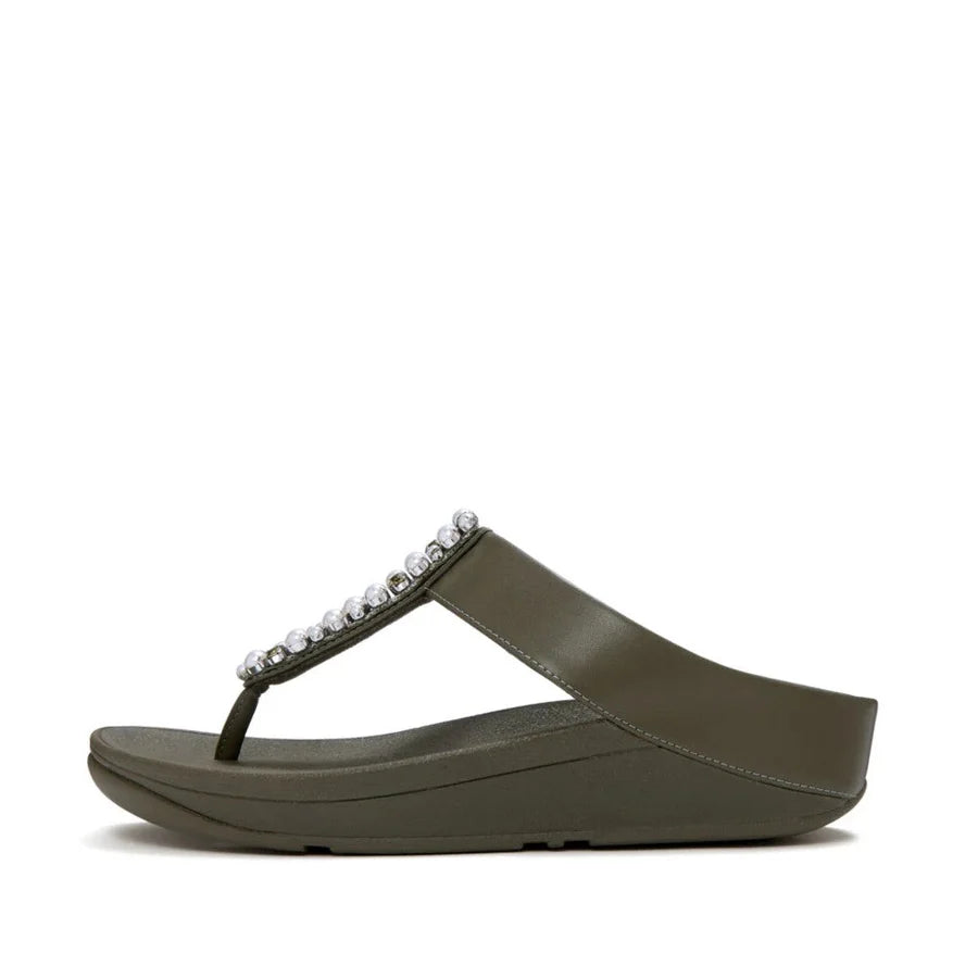 Fitflop Fino Pearls-And-Crystal Toe-Post Sandals - Deep Olive