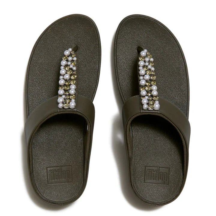 Fitflop Fino Pearls-And-Crystal Toe-Post Sandals - Deep Olive