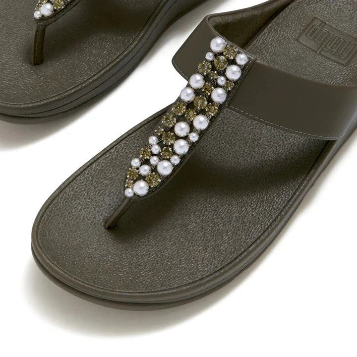 Fitflop Fino Pearls-And-Crystal Toe-Post Sandals - Deep Olive