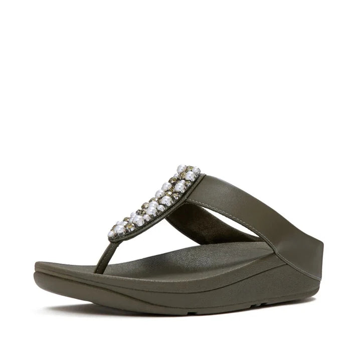 Fitflop Fino Pearls-And-Crystal Toe-Post Sandals - Deep Olive