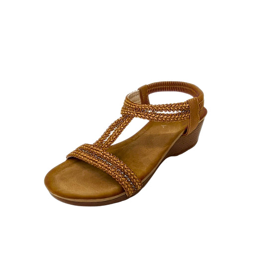 Savoy camel T-BAR WEDGE with elasticated slingback