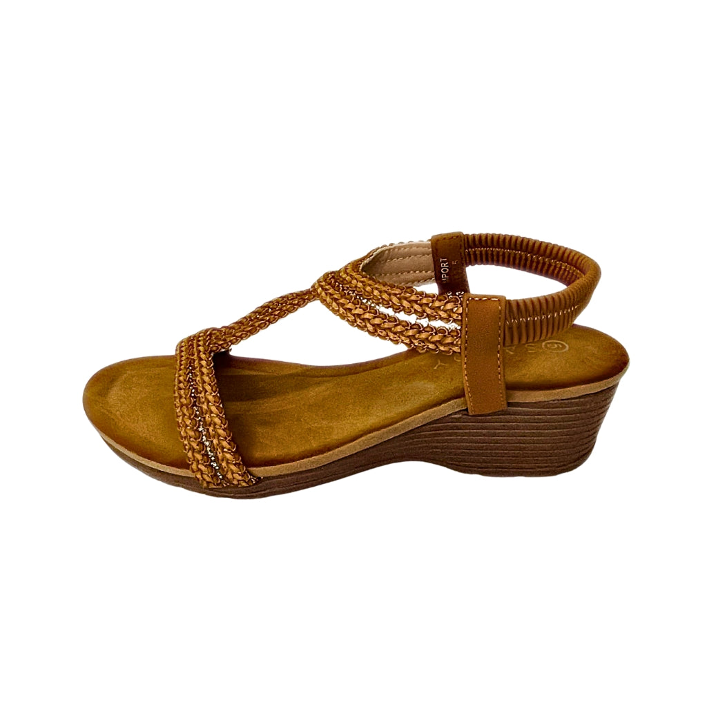 Savoy camel T-BAR WEDGE with elasticated slingback