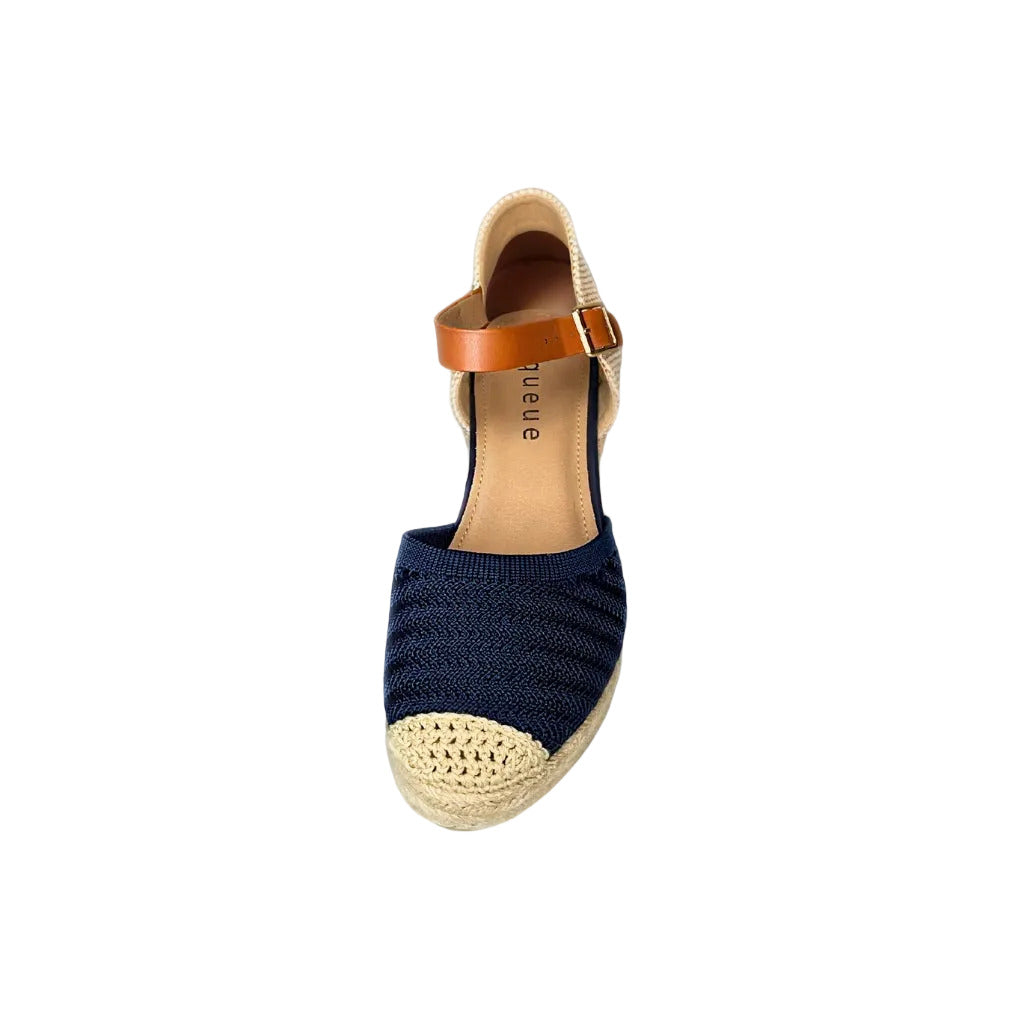 Queue Navy Woven Espadrille Wedge – front view