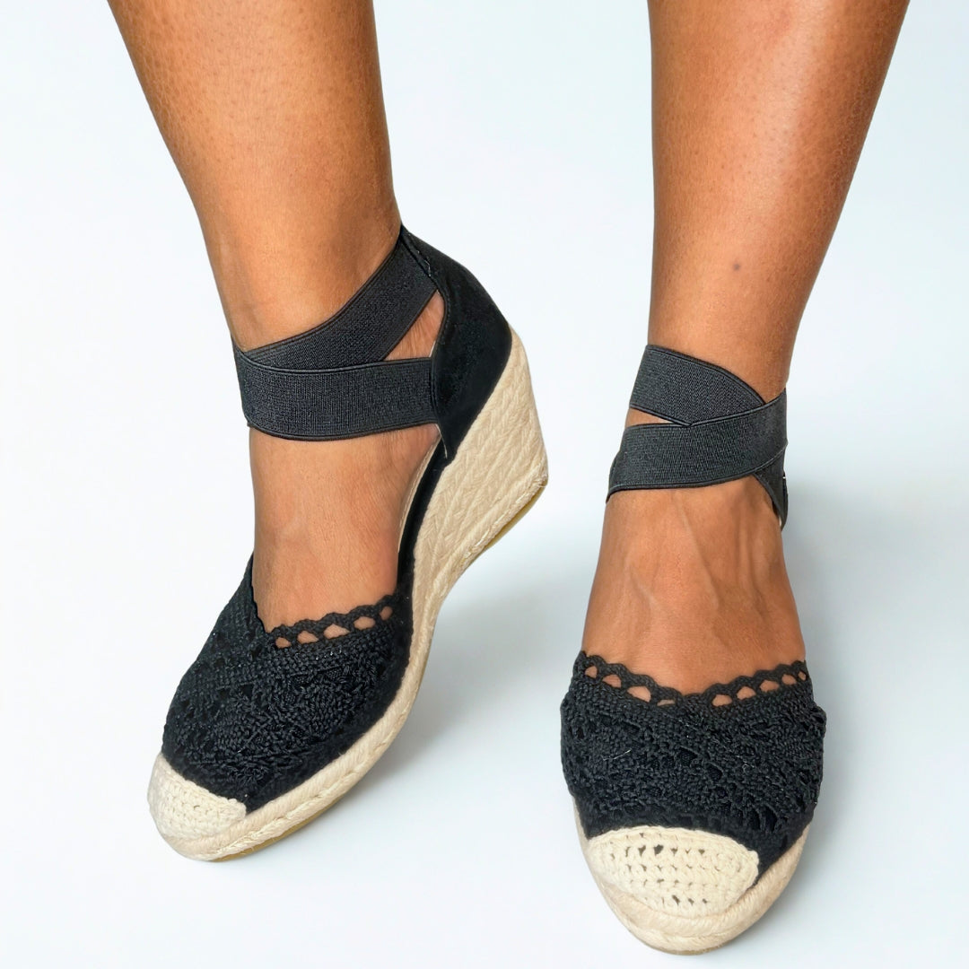 Geena black ANKLE CROSS STRAP Espadrille Wedge