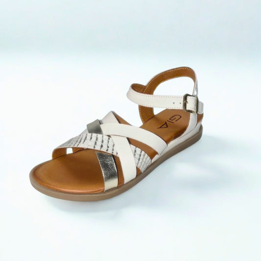 Gia cream & gold leather CRISS-CROSS ankle strap sandal