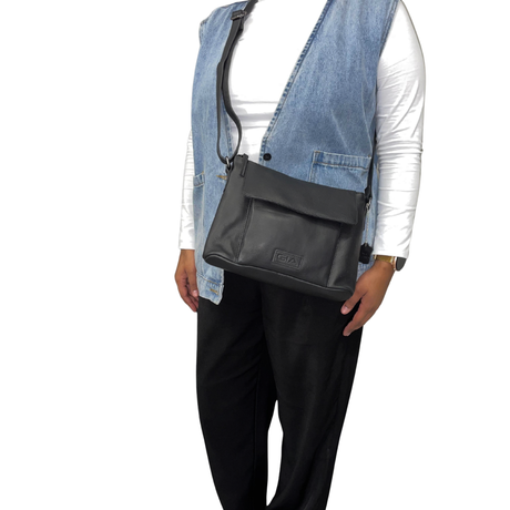Gia Leather Fold Over Flap Bag - Black