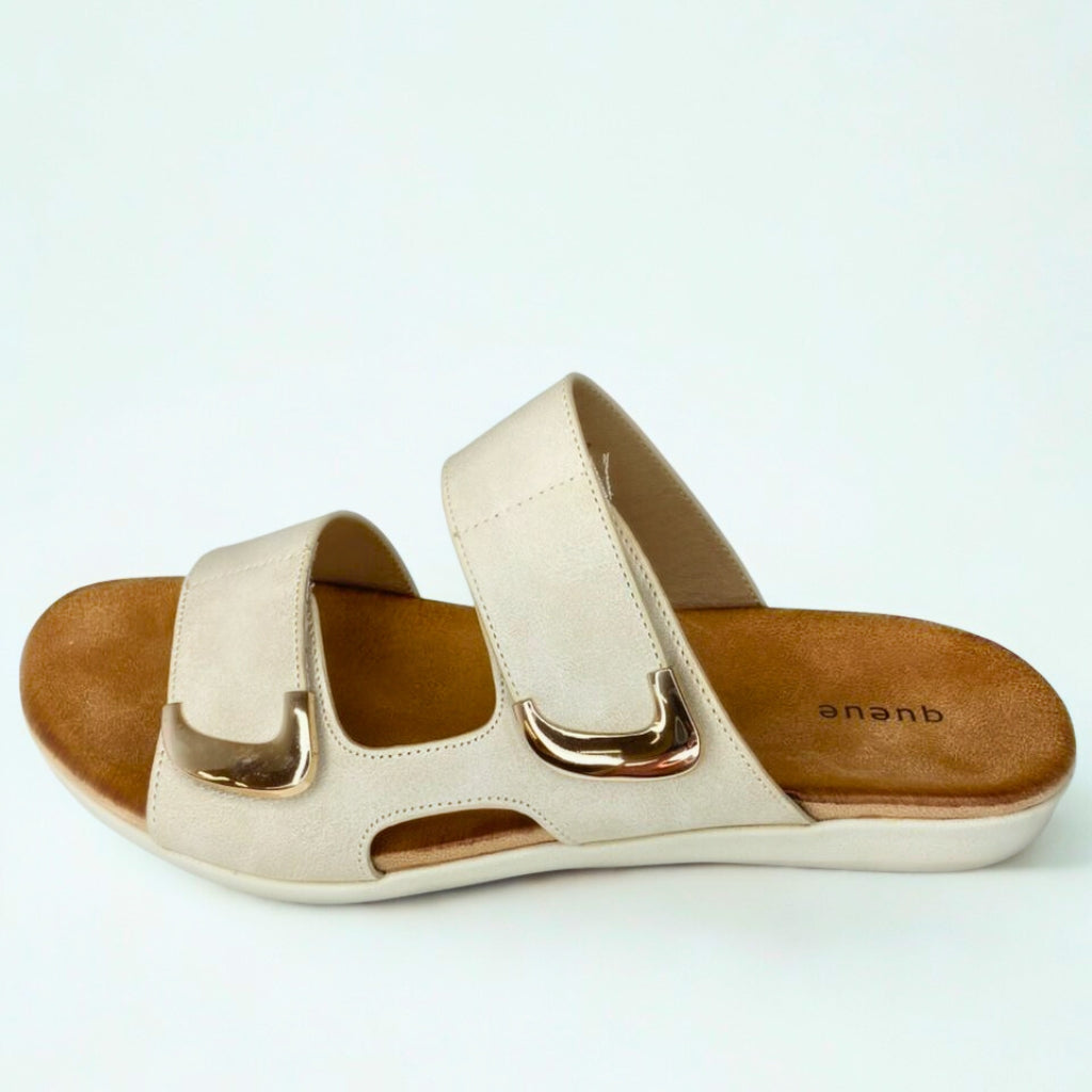 Queue beige DOUBLE STRAP gold trimm sandal