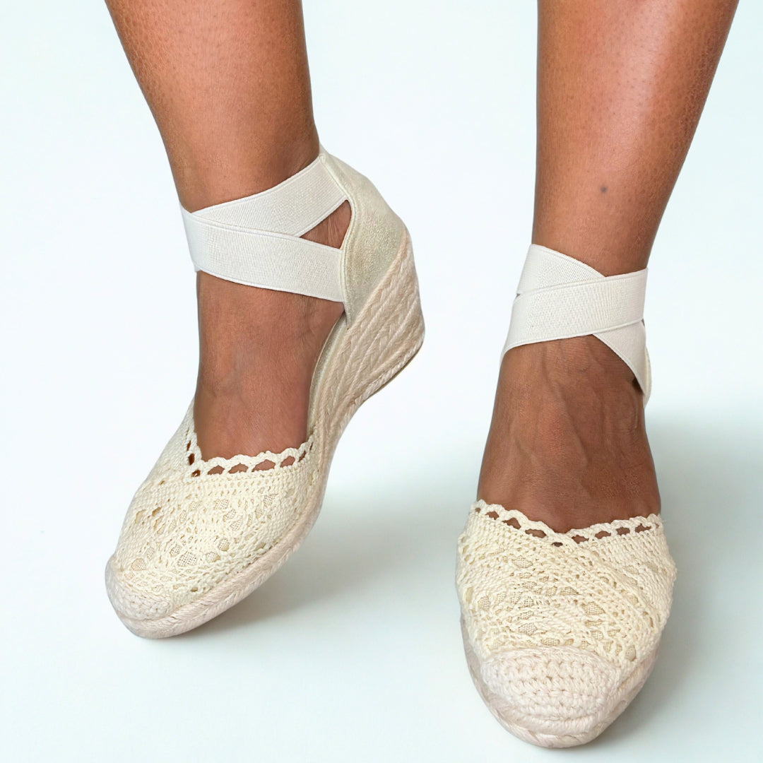 Geena Beige Ankle Cross Strap Espadrille Wedge – detail shot