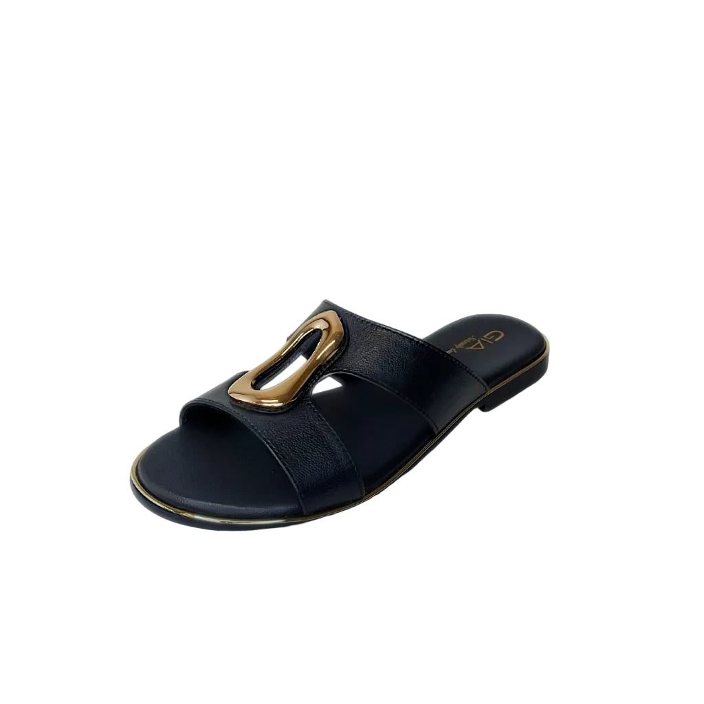 Gia Black Leather Slide With Gold Accent Detail – product image 1