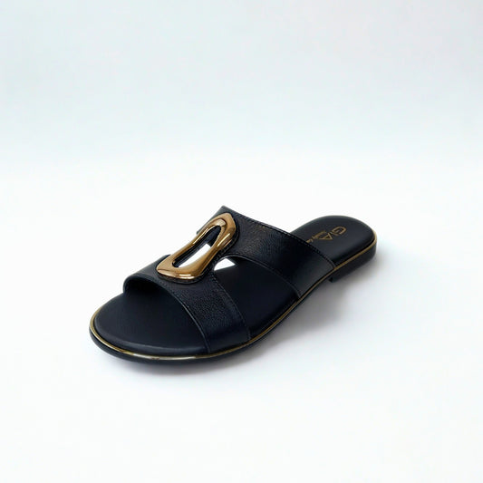 Gia black LEATHER SLIDE with gold accent detail