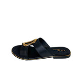 Gia Black Leather Slide With Gold Accent Detail – side view
