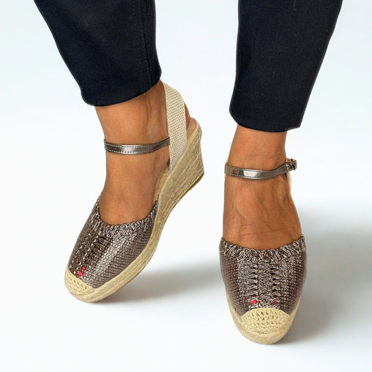 Queue pewter metallic espadrille wedge