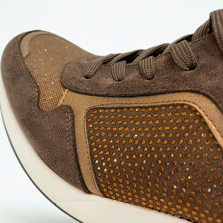 Diamante Lace Up Wedge Sneaker - Brown