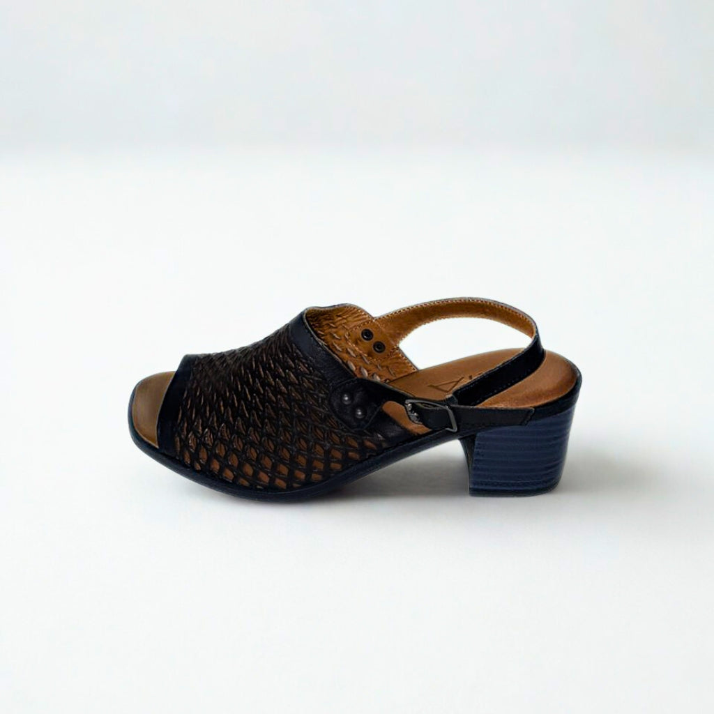 Gia black leather PERFORATED BLOCK HEEL with backstrap
