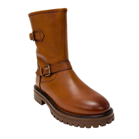 Gia Leather Double Buckle Mid Calf Boot - Cognac