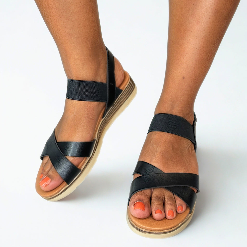 Queue black CROSS OVER elasticated strap sandal