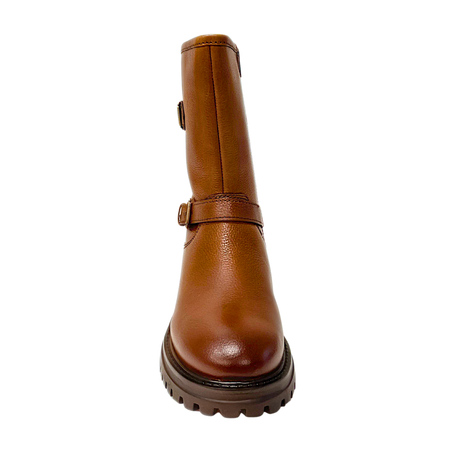 Gia Leather Double Buckle Mid Calf Boot - Cognac